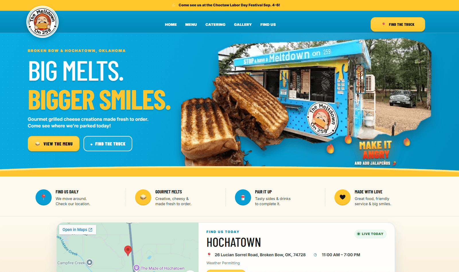 The Meltdown on 259 food truck website homepage